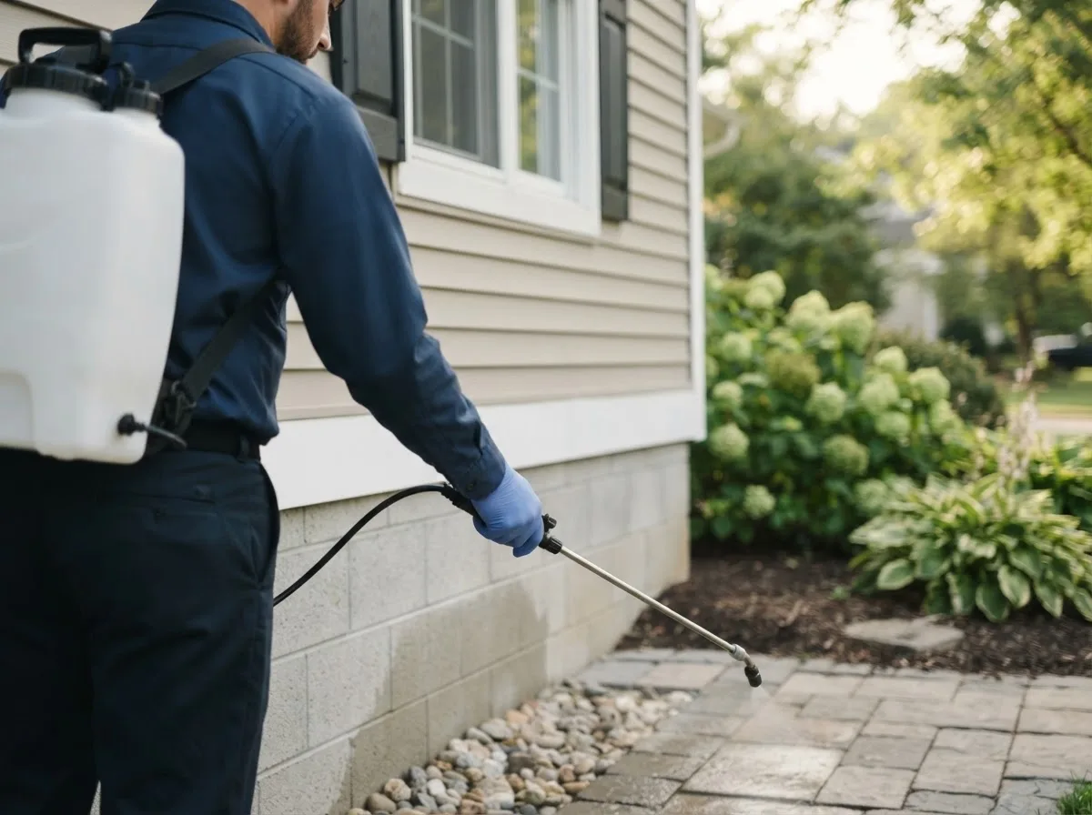 Pest control technician inspecting a home in Jeddo, MI